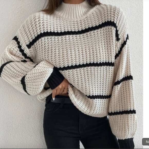Chiquease Striped Mock Neck Drop Shoulder Sweater - Picture 1 of 5